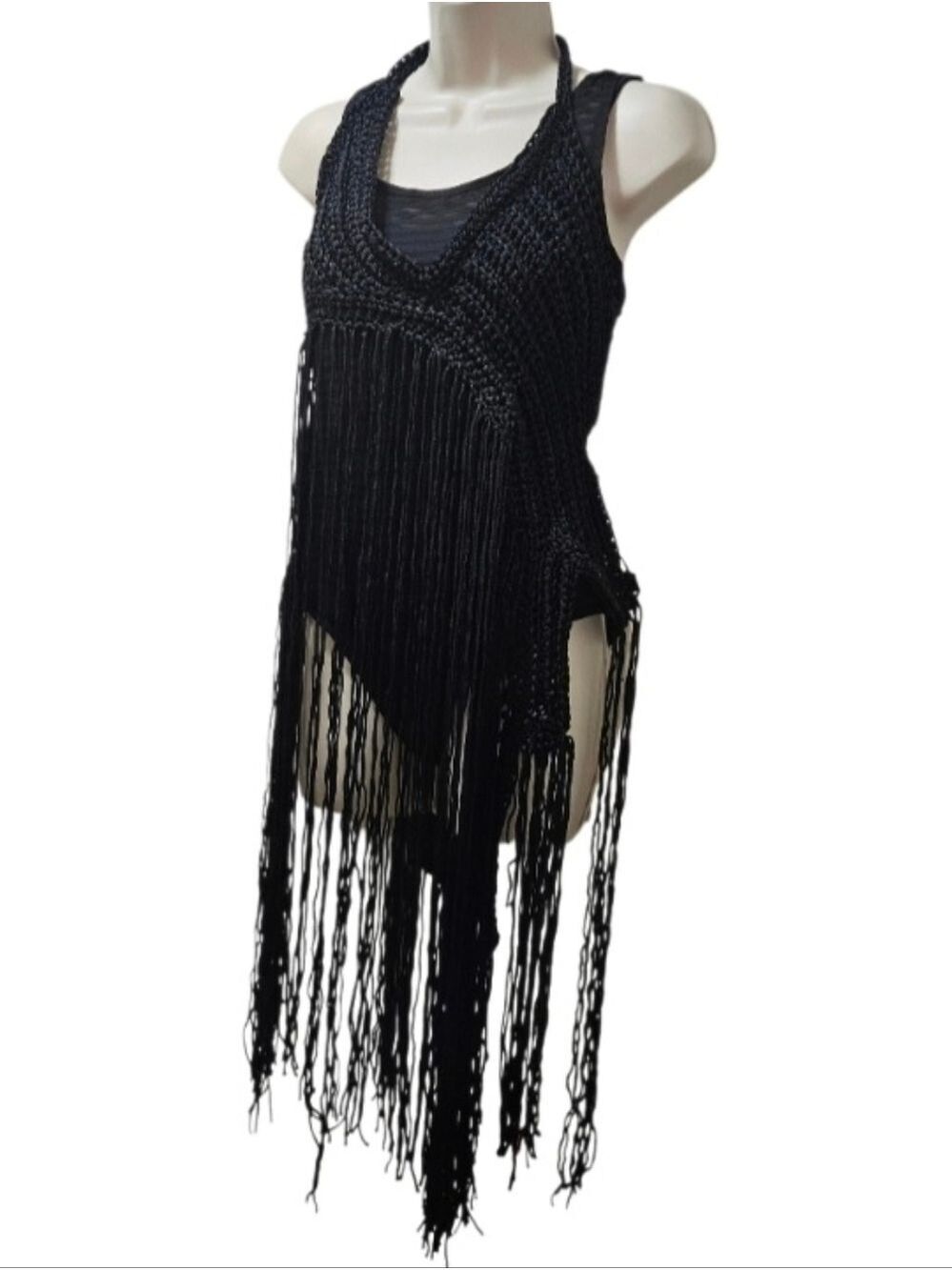 BLACK HAND CRAFTED CROCHET FRINGE HALTER TOP VNECK 2-WAY FESTIVAL BEACH COVER UP - Picture 4 of 17